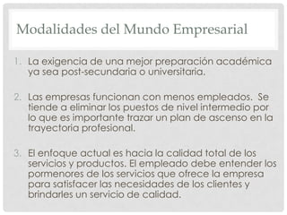 Modalidades del MundoEmpresarialLa exigencia de una mejor preparación académica ya sea post-secundaria o universitaria.Las empresas funcionan con menos empleados.  Se tiende a eliminar los puestos de nivel intermedio por lo que es importante trazar un plan de ascenso en la trayectoria profesional.El enfoque actual es hacia la calidad total de los servicios y productos. El empleado debe entender los pormenores de los servicios que ofrece la empresa para satisfacer las necesidades de los clientes y brindarles un servicio de calidad.