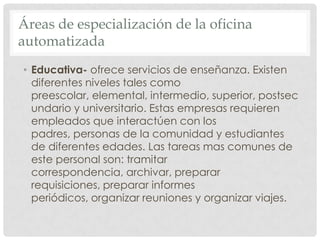 Áreas de especialización de la oficina automatizadaEducativa- ofrece servicios de enseñanza. Existen diferentes niveles tales como preescolar, elemental, intermedio, superior, postsecundario y universitario. Estas empresas requieren empleados que interactúen con los padres, personas de la comunidad y estudiantes de diferentes edades. Las tareas mas comunes de este personal son: tramitar correspondencia, archivar, preparar requisiciones, preparar informes periódicos, organizar reuniones y organizar viajes.