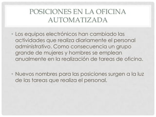 POSICIONES EN LA OFICINA AUTOMATIZADALos equipos electrónicos han cambiado las actividades que realiza diariamente el personal administrativo. Como consecuencia un grupo grande de mujeres y hombres se emplean anualmente en la realización de tareas de oficina.Nuevos nombres para las posiciones surgen a la luz de las tareas que realiza el personal. 