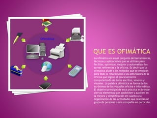 La ofimática es aquel conjunto de herramientas,
técnicas y aplicaciones que se utilizan para
facilitar, optimizar, mejorar y automatizar las
tareas referentes a la oficina. Es decir que la
ofimática alude a los métodos que se emplean
para todo lo relacionado a las actividades de la
oficina que logran el procesamiento
computarizado de datos escritos, sonoros y
visuales. La palabra ofimática se forma de los
acrónimos de los vocablos oficina e informática.
El objetivo principal de esta práctica es brindar
ciertos elementos que posibiliten y auxilien en
la mejora y simplificación en cuanto a la
organización de las actividades que realizan un
grupo de personas o una compañía en particular.
 