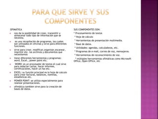 OFIMÁTICA
 nos da la posibilidad de crear, transmitir y
almacenar todo tipo de información que se
necesita.
 es una recopilación de programas, los cuales
son utilizados en oficinas y sirve para diferentes
funciones.
 sirve para crear, modificar,organizar,escanear,
imprimir etc. los archivos y documentos que
necesitemos
 tiene diferentes herramientas y programas:
word, Excel., power point etc.
 WORD: es un procesador de textos el cual sirve
para redactar cartas, hacer informes,
certificaciones, hacer un fax etc.
 EXCEL: su función principal es la hoja de calculo
para crear facturas, balances, nominas,
estadísticas etc.
 POWER POINT: se utiliza especialmente para
realizar presentaciones.
 ofimática tambien sirve para la creación de
bases de datos.
SUS COMPONENTES SON:
* Procesamiento de textos
* Hoja de cálculo
* Herramientas de presentación multimedia.
* Base de datos.
* Utilidades: agendas, calculadoras, etc.
* Programas de e-mail, correo de voz, mensajeros.
* Herramientas de reconocimiento de voz.
* múltiples herramientas ofimáticas como Microsoft
Office, Open Office, etc
 