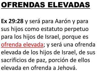 OFRENDAS ELEVADAS
Ex 29:28 y será para Aarón y para
sus hijos como estatuto perpetuo
para los hijos de Israel, porque es
ofrenda elevada; y será una ofrenda
elevada de los hijos de Israel, de sus
sacrificios de paz, porción de ellos
elevada en ofrenda a Jehová.

 