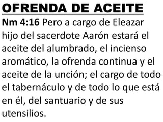 OFRENDA DE ACEITE
Nm 4:16 Pero a cargo de Eleazar
hijo del sacerdote Aarón estará el
aceite del alumbrado, el incienso
aromático, la ofrenda continua y el
aceite de la unción; el cargo de todo
el tabernáculo y de todo lo que está
en él, del santuario y de sus
utensilios.

 