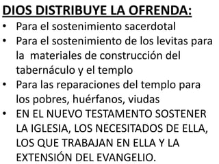 DIOS DISTRIBUYE LA OFRENDA:
• Para el sostenimiento sacerdotal
• Para el sostenimiento de los levitas para
la materiales de construcción del
tabernáculo y el templo
• Para las reparaciones del templo para
los pobres, huérfanos, viudas
• EN EL NUEVO TESTAMENTO SOSTENER
LA IGLESIA, LOS NECESITADOS DE ELLA,
LOS QUE TRABAJAN EN ELLA Y LA
EXTENSIÓN DEL EVANGELIO.

 