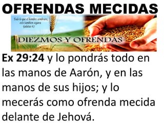 OFRENDAS MECIDAS

Ex 29:24 y lo pondrás todo en
las manos de Aarón, y en las
manos de sus hijos; y lo
mecerás como ofrenda mecida
delante de Jehová.

 