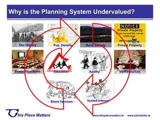 Why is the Planning System Undervalued? Our History Pop. Density Rural Society Private Property Power Structures Education  Apathy Vested Interest No Resources Short Termism 
