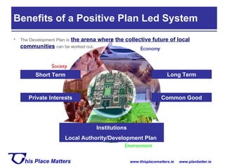 Benefits of a Positive Plan Led System The Development Plan is   the arena where   the collective future of local communities   can be worked out . Short Term Long Term Private Interests Common Good Institutions Local Authority/Development Plan  