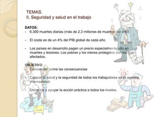 TEMAS.
II. Seguridad y salud en el trabajo
DATOS:
- 6.300 muertes diarias (más de 2,3 millones de muertes por año).
- El coste es de un 4% del PIB global de cada año.
- Los países en desarrollo pagan un precio especialmente alto en
muertes y lesiones. Los pobres y los menos protegidos son los más
afectados.
OBJETIVO
- Concienciar sobre las consecuencias
- Colocar la salud y la seguridad de todos los trabajadores en la agenda
internacional;
- Estimular y apoyar la acción práctica a todos los niveles.
 