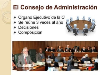 El Consejo de Administración
 Órgano Ejecutivo de la OIT
 Se reúne 3 veces al año
 Decisiones
 Composición
 