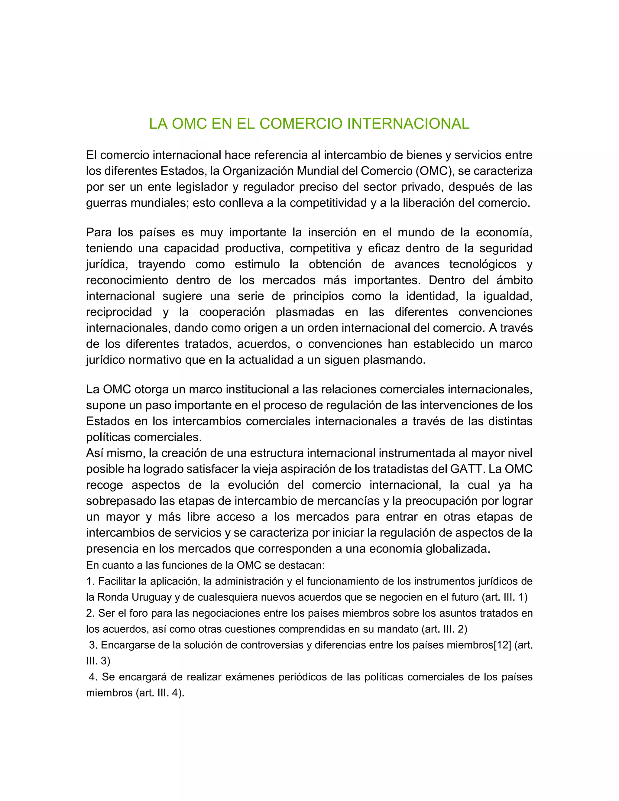 La omc en el comercio internacional | PDF