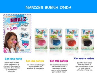 NARICESBuena Onda 2011
                            Narices BUENA ONDA




  Ayudas a que un niño                                                               Dos niños menores de
 reciba suplementos de     Una familia accede a agua   Un recién nacido de zonas      tres años tienen la
zinc, contribuyendo a la      segura durante una         alto andinas accede a     oportunidad de participar
reducción de la diarrea    situación de emergencia.       ropa de abrigo y su          en programas de
    y mejorando su                                      madre recibe consejos       estimulación temprana,
        nutrición.                                        para cuidarlo mejor
 