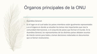 Órganos principales de la ONU
– Asamblea General:
– Es el lugar en el cual todos los países miembros están igualmente representados
y es el órgano en donde se estudian los temas más importantes que vive la
comunidad internacional, o el conjunto de países que forman el mundo. En la
Asamblea General, los representantes de los distintos países debaten asuntos
de interés común para todos y toman decisiones redactadas en documentos
que se llaman resoluciones.
 