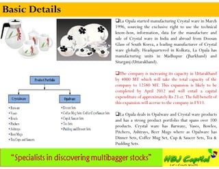 Basic Details
                La Opala started manufacturing Crystal ware in March
                1996, sourcing the exclusive right to use the technical
                know-how, information, data for the manufacture and
                sale of Crystal ware in India and abroad from Doosan
                Glass of South Korea, a leading manufacturer of Crystal
                ware globally. Headquartered in Kolkata, La Opala has
                manufacturing units in Madhupur (Jharkhand) and
                Sitarganj (Uttarakhand).

                The company is increasing its capacity in Uttarakhand
                by 4000 MT which will take the total capacity of the
                company to 12580 MT. This expansion is likely to be
                completed by April 2012 and will entail a capital
                expenditure of approximately Rs 23 cr. The full benefit of
                this expansion will accrue to the company in FY13.

                La Opala deals in Opalware and Crystal ware products
                and has a strong product portfolio that spans over 100
                products. Crystal ware has Barware, Vases, Bowles,
                Pitchers, Ashtrays, Beer Mugs where as Opalware has
                Dinner Sets, Coffee Mug Set, Cup & Saucer Sets, Tea &
                Pudding Sets.
 