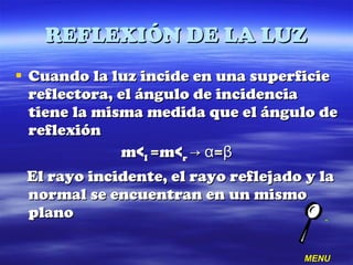 REFLEXIÓN DE LA LUZ Cuando la luz incide en una superficie reflectora, el ángulo de incidencia tiene la misma medida que el ángulo de reflexión m < I  =m< r  ->  α = β El rayo incidente, el rayo reflejado y la normal se encuentran en un mismo plano  MENU 