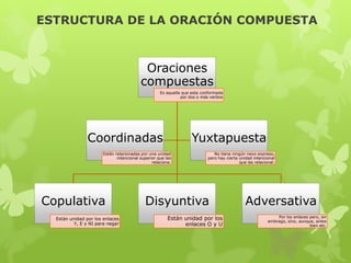 ESTRUCTURA DE LA ORACIÓN COMPUESTA
Oraciones
compuestas
Es aquella que esta conformada
por dos o más verbos
Copulativa
Están unidad por los enlaces
Y, E y NI para negar
Disyuntiva
Están unidad por los
enlaces O y U
Adversativa
Por los enlaces pero, sin
embrago, sino, aunque, antes
bien etc.
Coordinadas
Están relacionadas por una unidad
intencional superior que las
relaciona.
Yuxtapuesta
No tiene ningún nexo expreso,
pero hay cierta unidad intencional
que las relacional.
 