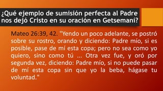 ¿Qué ejemplo de sumisión perfecta al Padre
nos dejó Cristo en su oración en Getsemaní?
Mateo 26:39, 42. "Yendo un poco adelante, se postró
sobre su rostro, orando y diciendo: Padre mío, si es
posible, pase de mí esta copa; pero no sea como yo
quiero, sino como tú ... Otra vez fue, y oró por
segunda vez, diciendo: Padre mío, si no puede pasar
de mí esta copa sin que yo la beba, hágase tu
voluntad."
 
