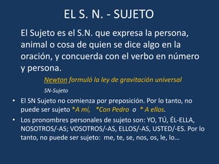 EL S. N. - SUJETO
El Sujeto es el S.N. que expresa la persona,
animal o cosa de quien se dice algo en la
oración, y concuerda con el verbo en número
y persona.
Newton formuló la ley de gravitación universal
SN-Sujeto
• El SN Sujeto no comienza por preposición. Por lo tanto, no
puede ser sujeto *A mí, *Con Pedro o * A ellos.
• Los pronombres personales de sujeto son: YO, TÚ, ÉL-ELLA,
NOSOTROS/-AS; VOSOTROS/-AS, ELLOS/-AS, USTED/-ES. Por lo
tanto, no puede ser sujeto: me, te, se, nos, os, le, lo…
 