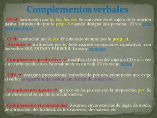 •CD  sustitución por lo, las, los, las. Se convierte en el sujeto de la oración
pasiva. Introducido por la prep. A cuando designa una persona. El vio a mi
hermana Paula.

• CI  sustitución por le, les. Encabezado siempre por la prep. A.
• Atributo  sustitución por lo. Solo aparece en oraciones copulativas con
los verbos SER, ESTAR Y PARECER. Yo estoy contenta.

• Complemento predicativo  modifica al núcleo del sujeto o CD y a la vez
a un verbo predicativo. Normalmente es un Sadj (El río viene turbio)

• CRV  sintagma preposicional introducido por una preposición que exige
el verbo: arrepentirse de, contar con, hablar de, soñar con…

• Complemento agente  aparece en las pasivas con la preposición por. Se
convierte en el sujeto de la oración activa.

• Complemento circunstancial expresa circunstancias de lugar, de modo,
de afirmación, de finalidad, de instrumento, de materia, etc.
 