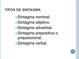 TIPOS DE SINTAGMA
Sintagma nominal.
Sintagma adjetivo.
Sintagma adverbial.
Sintagma prepositivo o
preposicional.
Sintagma verbal.
 