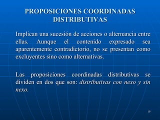 PROPOSICIONES COORDINADAS DISTRIBUTIVAS Implican una sucesión de acciones o alternancia entre ellas. Aunque el contenido expresado sea aparentemente contradictorio, no se presentan como excluyentes sino como alternativas. Las proposiciones coordinadas distributivas se dividen en dos que son:  distributivas con nexo y sin nexo. 
