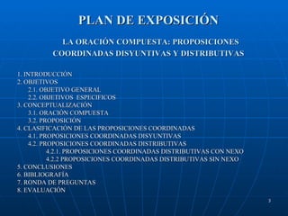 PLAN DE EXPOSICIÓN   LA ORACIÓN COMPUESTA: PROPOSICIONES COORDINADAS DISYUNTIVAS Y DISTRIBUTIVAS 1. INTRODUCCIÓN 2. OBJETIVOS 2.1. OBJETIVO GENERAL 2.2. OBJETIVOS  ESPECIFICOS 3. CONCEPTUALIZACIÓN 3.1. ORACIÓN COMPUESTA 3.2. PROPOSICIÓN 4. CLASIFICACIÓN DE LAS PROPOSICIONES COORDINADAS 4.1. PROPOSICIONES COORDINADAS DISYUNTIVAS 4.2. PROPOSICIONES COORDINADAS DISTRIBUTIVAS 4.2.1. PROPOSICIONES COORDINADAS DISTRIBUTIVAS CON NEXO 4.2.2 PROPOSICIONES COORDINADAS DISTRIBUTIVAS SIN NEXO 5. CONCLUSIONES 6. BIBLIOGRAFÍA 7. RONDA DE PREGUNTAS 8. EVALUACIÓN 