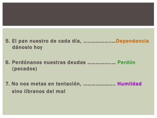 5. El pan nuestro de cada día, ………………..…Dependencia
dánoslo hoy

6. Perdónanos nuestras deudas ……………..… Perdón
(pecados)
7. No nos metas en tentación, ………………….. Humildad
sino líbranos del mal

 