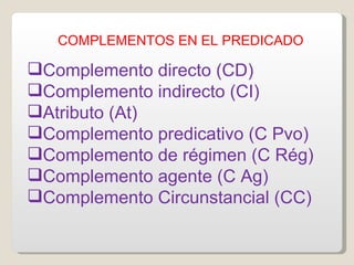 <ul><li>COMPLEMENTOS EN EL PREDICADO </li></ul><ul><li>Complemento directo (CD) </li></ul><ul><li>Complemento indirecto (C...