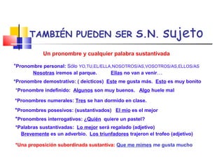 TAMBIÉN PUEDEN SER S.N. sujeto
Un pronombre y cualquier palabra sustantivada
*Pronombre personal: Sólo YO,TU,EL/ELLA,NOSOTROS/AS,VOSOTROS/AS,ELLOS/AS
Nosotras iremos al parque. Ellas no van a venir…
*Pronombre demostrativo: ( deícticos) Este me gusta más. Esto es muy bonito
*Pronombre indefinido: Algunos son muy buenos. Algo huele mal
*Pronombres numerales: Tres se han dormido en clase.
*Pronombres posesivos: (sustantivados) El mío es el mejor
*Pronombres interrogativos: ¿Quién quiere un pastel?
*Palabras sustantivadas: Lo mejor será regalado (adjetivo)
Brevemente es un adverbio. Los triunfadores trajeron el trofeo (adjetivo)
*Una proposición subordinada sustantiva: Que me mimes me gusta mucho
 