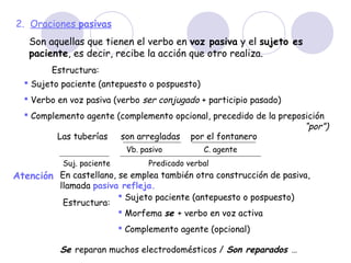 2. Oraciones pasivas
   Son aquellas que tienen el verbo en voz pasiva y el sujeto es
   paciente, es decir, recibe la acción que otro realiza.
         Estructura:
   Sujeto paciente (antepuesto o pospuesto)
   Verbo en voz pasiva (verbo ser conjugado + participio pasado)
   Complemento agente (complemento opcional, precedido de la preposición
                                                                    “por”)
          Las tuberías son arregladas por el fontanero
                            Vb. pasivo          C. agente
           Suj. paciente          Predicado verbal
Atención En castellano, se emplea también otra construcción de pasiva,
           llamada pasiva refleja.
                          Sujeto paciente (antepuesto o pospuesto)
            Estructura:
                          Morfema se + verbo en voz activa
                            Complemento agente (opcional)

           Se reparan muchos electrodomésticos / Son reparados …
 