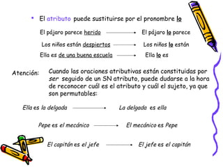  El atributo puede sustituirse por el pronombre lo

            El pájaro parece herido                El pájaro lo parece

            Los niños están despiertos              Los niños lo están
            Ella es de una buena escuela             Ella lo es


Atención:      Cuando las oraciones atributivas están constituidas por
               ser seguido de un SN atributo, puede dudarse a la hora
               de reconocer cuál es el atributo y cuál el sujeto, ya que
               son permutables:

   Ella es la delgada                      La delgada es ella


         Pepe es el mecánico                 El mecánico es Pepe


              El capitán es el jefe               El jefe es el capitán
 