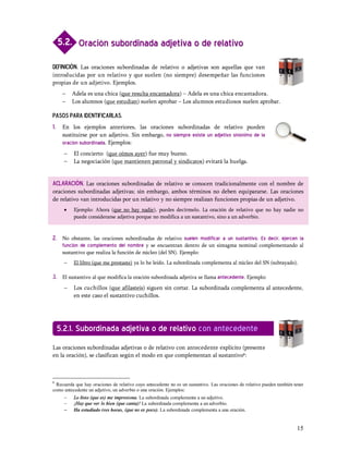 5.2. Oración subordinada adjetiva o de relativo

DEFINICIÓN. Las oraciones subordinadas de relativo o adjetivas son aquellas que van
introducidas por un relativo y que suelen (no siempre) desempeñar las funciones
propias de un adjetivo. Ejemplos.
      -    Adela es una chica (que resulta encantadora) Adela es una chica encantadora.
      -    Los alumnos (que estudian) suelen aprobar Los alumnos estudiosos suelen aprobar.

Pasos para identificarlas.
1.    En los ejemplos anteriores, las oraciones subordinadas de relativo pueden
      sustituirse por un adjetivo. Sin embargo, no siempre existe un adjetivo sinónimo de la
      oración subordinada. Ejemplos:
       -   El concierto (que oímos ayer) fue muy bueno.
       -   La negociación (que mantienen patronal y sindicatos) evitará la huelga.


Aclaración. Las oraciones subordinadas de relativo se conocen tradicionalmente con el nombre de
oraciones subordinadas adjetivas; sin embargo, ambos términos no deben equipararse. Las oraciones
de relativo van introducidas por un relativo y no siempre realizan funciones propias de un adjetivo.
       ·   Ejemplo: Ahora (que no hay nadie), puedes decírmelo. La oración de relativo que no hay nadie no
           puede considerarse adjetiva porque no modifica a un sustantivo, sino a un adverbio.



2. No obstante, las oraciones subordinadas de relativo suelen modificar a un sustantivo. Es decir, ejercen la
   función de complemento del nombre y se encuentran dentro de un sintagma nominal complementando al
      sustantivo que realiza la función de núcleo (del SN). Ejemplo:
       -   El libro (que me prestaste) ya lo he leído. La subordinada complementa al núcleo del SN (subrayado).

3. El sustantivo al que modifica la oración subordinada adjetiva se llama antecedente. Ejemplo:
       -   Los cuchillos (que afilasteis) siguen sin cortar. La subordinada complementa al antecedente,
           en este caso el sustantivo cuchillos.




     5.2.1. Subordinada adjetiva o de relativo con antecedente
Las oraciones subordinadas adjetivas o de relativo con antecedente explícito (presente
en la oración), se clasifican según el modo en que complementan al sustantivo6 :



6
  Recuerda que hay oraciones de relativo cuyo antecedente no es un sustantivo. Las oraciones de relativo pueden también tener
como antecedente un adjetivo, un adverbio o una oración. Ejemplos:
       -   Lo listo (que es) me impresiona. La subordinada complementa a un adjetivo.
       -   ¡Hay que ver lo bien (que canta)! La subordinada complementa a un adverbio.
       -   Ha estudiado tres horas, (que no es poco). La subordinada complementa a una oración.


                                                                                                                         15
 