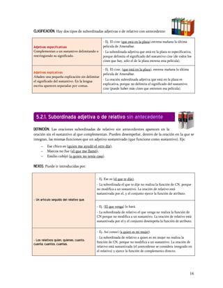 CLASIFICACIÓN. Hay dos tipos de subordinadas adjetivas o de relativo con antecedente:

                                               - Ej. El cine (que está en la plaza) estrena mañana la última
Adjetivas especificativas                      película de Amenábar.
Complementan a un sustantivo delimitando o     - La subordinada adjetiva que está en la plaza es especificativa,
restringiendo su significado.                  porque delimita el significado del sustantivo cine (de todos los
                                               cines que hay, sólo el de la plaza estrena esta película).

                                               - Ej. El cine, (que está en la plaza), estrena mañana la última
Adjetivas explicativas                         película de Amenábar.
Añaden una pequeña explicación sin delimitar
                                               - La oración subordinada adjetiva que está en la plaza es
el significado del sustantivo. En la lengua
                                               explicativa, porque no delimita el significado del sustantivo
escrita aparecen separadas por comas.
                                               cine (puede haber más cines que estrenen esa película).




 5.2.1. Subordinada adjetiva o de relativo sin antecedente
DEFINICIÓN. Las oraciones subordinadas de relativo sin antecedentes aparecen en la
oración sin el sustantivo al que complementan. Pueden desempeñar, dentro de la oración en la que se
integran, las mismas funciones que un adjetivo sustantivado (que funcione como sustantivo). Ejs:
     -    Ese chico es (quien me ayudó el otro día).
     -    Marcos no fue (el que me llamó).
     -    Emilio cobijó (a quien no tenía casa).

NEXOS. Puede ir introducidas por:


                                          - Ej. Ese es (el que te dije).
                                          - La subordinada el que te dije no realiza la función de CN, porque
                                          no modifica a un sustantivo. La oración de relativo está
                                          sustantivada por el, y el conjunto ejerce la función de atributo.
- Un artículo seguido del relativo que.
                                          - Ej. (El que venga) lo hará.
                                          - La subordinada de relativo el que venga no realiza la función de
                                          CN porque no modifica a un sustantivo. La oración de relativo está
                                          sustantivada por el y el conjunto desempeña la función de atributo.


                                          - Ej. Así conocí (a quien es mi mujer).
                                          - La subordinada de relativo a quien es mi mujer no realiza la
- Los relativos quien, quienes, cuanto,
                                          función de CN, porque no modifica a un sustantivo. La oración de
cuanta, cuantos, cuantas.
                                          relativo está sustantivada (el antecedente se considera integrado en
                                          el relativo) y ejerce la función de complemento directo.




                                                                                                                 16
 