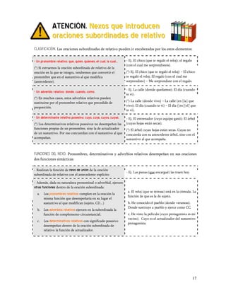 ATENCIÓN. Nexos que introducen
              oraciones subordinadas de relativo
CLASIFICACIÓN. Las oraciones subordinadas de relativo pueden ir encabezadas por los estos elementos:

- Un pronombre relativo: que, quien, quienes, el cual, la cual...   - Ej. El chico (que te regaló el reloj); el regalo
                                                                    (con el cual me sorprendisteis).
(*) Si extraemos la oración subordinada de relativo de la
oración en la que se integra, tendremos que convertir el            (*) Ej. El chico (que te regaló el reloj) El chico
pronombre que en el sustantivo al que modifica                      te regaló el reloj; El regalo (con el cual me
(antecedente).                                                      sorprendiste) Me sorprendiste con el regalo.

                                                                    - Ej. La calle (donde quedamos); El día (cuando
- Un adverbio relativo: donde, cuando, como.
                                                                    te vi).
(*) En muchos casos, estos adverbios relativos pueden
                                                                    (*) La calle (donde vivo) La calle (en [la] que
sustituirse por el pronombre relativo que precedido de
                                                                    vivo); El día (cuando te vi) El día ([en][el] que
preposición.
                                                                    te vi).

- Un determinante relativo posesivo: cuyo, cuya, cuyos, cuyas.      - Ej. El entrenador (cuyo equipo ganó); El árbol
(*) Los determinativos relativos posesivos no desempeñan las        (cuyas hojas están secas).
funciones propias de un pronombre, sino la de actualizador          (*) El árbol cuyas hojas están secas. Cuyas no
de un sustantivo. Por eso concuerdan con el sustantivo al que       concuerda con su antecedente árbol, sino con el
acompañan.                                                          sustantivo al que acompaña.



FUNCIONES DEL NEXO. Pronombres, determinativos y adverbios relativos desempeñan en sus oraciones
dos funciones sintácticas:

- Realizan la función de nexo de unión de la oración
                                                                    - Ej. Las piezas (que encargué) las traen hoy.
subordinada de relativo con el antecedente explícito

- Además, dada su naturaleza pronominal o adverbial, ejercen
otras funciones dentro de la oración subordinada:
                                                                     a. El reloj (que se retrasa) está en la cómoda. La
  a.   Los pronombres relativos cumplen en la oración la
                                                                     función de que es la de sujeto.
       misma función que desempeñaría en su lugar el
       sustantivo al que modifican (sujeto, CD...)                   b. He conocido el pueblo (donde veraneas).
                                                                     Donde sustituye a pueblo y ejerce como CC.
  b.   Los adverbios relativos ejercen en la subordinada la
       función de complemento circunstancial.                        c. He visto la película (cuyo protagonista es mi
                                                                     vecino). Cuyo es el actualizador del sustantivo
  c.   Los determinativos relativos con significado posesivo
                                                                     protagonista.
       desempeñan dentro de la oración subordinada de
       relativo la función de actualizador.




                                                                                                                         17
 