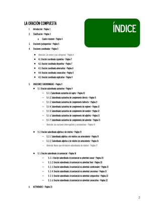 LA ORACIÓN COMPUESTA
  1. Introducción - Página 3
  2. Clasificación Página 3
                                                                                                     ÍNDICE
            a. Cuadro resumen Página 4
  3. Oraciones yuxtapuestas Página 5
  4. Oraciones coordinadas Página 5
        ·    Atención: Los nexos y sus categorías - Página 6
        ·    4.1. Oración coordinada copulativa Página 7
        ·    4.2. Oración coordinada disyuntiva Página 7
        ·    4.3. Oración coordinada adversativa Página 8
        ·    4.4. Oración coordinada consecutiva Página 8
        ·    4.5. Oración coordinada explicativa Página 9

  5. ORACIONES SUBORDINADAS Página 9
     · 5. 1. Oración subordinada sustantiva Página 9
               - 5. 1. 1. Subordinada sustantiva de sujeto Página 10
               - 5. 1. 2. Subordinada sustantiva de complemento directo Página 11
               - 5. 1. 3. Subordinada sustantiva de complemento indirecto Página 11
               - 5. 1. 4. Subordinada sustantiva de complemento de régimen Página 12
               - 5. 1. 5. Subordinada sustantiva de complemento del nombre Página 12
               - 5. 1. 6. Subordinada sustantiva de complemento del adjetivo Página 13
               - 5. 1. 7. Subordinada sustantiva de complemento del adverbio Página 13
               - Atención: las oraciones interrogativas y exclamativas Página 14

       · 5. 2. Oración subordinada adjetiva o de relativo Página 15
                - 5. 2. 1. Subordinada adjetiva o de relativo con antecedente Página 15
                - 5. 2. 2. Subordinada adjetiva o de relativo sin antecedente Página 16
                - Atención: Nexos que introducen subordinadas de relativo Página 17

       · 5. 3. Oración subordinada circunstancial Página 18
                - 5. 3. 1. Oración subordinada circunstancial no adverbial causal Página 20
                - 5. 3. 2. Oración subordinada circunstancial no adverbial final Página 20
                - 5. 3. 3. Oración subordinada circunstancial no adverbial condicionales Página 21
                - 5. 3. 4. Oración subordinada circunstancial no adverbial concesivas Página 21
                - 5. 3. 5. Oración subordinada circunstancial no adverbial comparativa Página 22
                - 5. 3. 6. Oración subordinada circunstancial no adverbial consecutiva Página 22
  6. ACTIVIDADES Página 23


                                                                                                              2
 