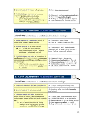 2. Ejercen la función de CC final del verbo principal.        - Ej. Viene (a que te cortes el pelo).

3. Van introducidas por estos nexos: las locuciones
                                                              - Ej. Iré a vuestra casa (para que conozcáis a Javier).
conjuntivas para que, a que, a fin de que...
                                                              - Ej. Ha venido (a que le deis el regalo).
   è NOTA. También son subordinadas
                                                              - Ej. Madruga los domingos (para hacer deporte).
     circunstanciales finales algunas oraciones que se
                                                              - Ej. Come todos los días en casa (para ahorrar).
     construyen con a o para + infinitivo.




 5.3.3. Sub. circunstanciales no adverbiales condicionales
características. Las subordinadas no adverbiales condicionales tienen estos rasgos:

1. Imponen una condición o una hipótesis para que se          - Ej. (Si no llueve), iremos a jugar.
cumpla lo que expresa la oración principal.                   - Ej. (Si lo vas a cuidar), te regalo este libro.

2. Ejercen la función de CC del verbo principal.
                                                              - Ej. (Si no llamas a Carlos), iremos a la fiesta.
   è PARA SABER MÁS. En las oraciones
                                                              - La prótasis es Si no llamas a Carlos, y el resto
     condicionales llamamos prótasis a la oración
                                                              iremos a la fiesta- constituye la apódosis.
     subordinada; y apódosis, a la principal.

3. Van introducidas por estos nexos: las conjunciones si,
cuando, como, y las locuciones conjuntivas a no ser que,      - Ej. (Si quieres), iremos a jugar al tenis.
a condición de que, con tal de que, con tal que, a menos      - Ej. (Cuando no me ha saludado), por algo será.
que, siempre que...                                           - Ej. (Como mañana llueva), no iremos a la playa.
   è NOTA. También son condicionales algunas                  - Ej. (Esforzándome mucho), lograré aprenderlo.
     oraciones que se construyen con gerundio o con           - Ej. (De haberlo sabido), habría ido a buscarte.
     de + infinitivo.




 5.3.4. Sub. circunstanciales no adverbiales concesivas
características. Las subordinadas no adverbiales concesivas tienen estos rasgos:

1. Expresan una objeción a la idea de la oración principal.   - Ej. (Aunque duermo poco), no tengo sueño.

                                                              - Ej. Las plantas se han marchitado, (aunque las
2. Ejercen la función de CC del verbo principal.
                                                              riego bastante).

3. Van introducidas por estos nexos: la conjunción
aunque (cuando no equivale a pero) y las locuciones           - Ej. (Aunque vimos la tele), no recuerdo la peli .
conjuntivas por más que, si bien, aun cuando, a pesar de      - Ej. (Por más que insistas), he decidido dejarlo.
que...                                                        - Ej. Me gustaría volar, (si bien no sé cómo hacerlo).
     è NOTA. También son concesivas algunas                   - Ej. (Aun cuando no vaya Inés), yo acudiré.
       oraciones que se construyen con gerundio,              - Ej. Juega en Primera (a pesar de que es joven).
       normalmente precedido del adverbio aun.



                                                                                                                   21
 