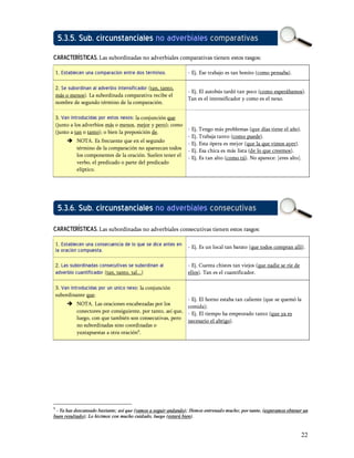 5.3.5. Sub. circunstanciales no adverbiales comparativas
características. Las subordinadas no adverbiales comparativas tienen estos rasgos:

    1. Establecen una comparación entre dos términos.           - Ej. Ese trabajo es tan bonito (como pensaba).

    2. Se subordinan al adverbio intensificador (tan, tanto,
                                                                - Ej. El autobús tardó tan poco (como esperábamos).
    más o menos). La subordinada comparativa recibe el
                                                                Tan es el intensificador y como es el nexo.
    nombre de segundo término de la comparación.

    3. Van introducidas por estos nexos: la conjunción que
    (junto a los adverbios más o menos, mejor y pero); como
                                                             - Ej. Tengo más problemas (que días tiene el año).
    (junto a tan o tanto); o bien la preposición de.
                                                             - Ej. Trabaja tanto (como puede).
         è NOTA. Es frecuente que en el segundo
                                                             - Ej. Esta ópera es mejor (que la que vimos ayer).
              término de la comparación no aparezcan todos - Ej. Esa chica es más lista (de lo que creemos).
              los componentes de la oración. Suelen tener el
                                                             - Ej. Es tan alto (como tú). No aparece: [eres alto].
              verbo, el predicado o parte del predicado
              elíptico.




    5.3.6. Sub. circunstanciales no adverbiales consecutivas
características. Las subordinadas no adverbiales consecutivas tienen estos rasgos:

    1. Establecen una consecuencia de lo que se dice antes en
                                                                - Ej. Es un local tan barato (que todos compran allí).
    la oración compuesta.

    2. Las subordinadas consecutivas se subordinan al           - Ej. Cuenta chistes tan viejos (que nadie se ríe de
    adverbio cuantificador (tan, tanto, tal...)                 ellos). Tan es el cuantificador.

    3. Van introducidas por un único nexo: la conjunción
    subordinante que.
                                                            - Ej. El horno estaba tan caliente (que se quemó la
         è NOTA. Las oraciones encabezadas por los
                                                            comida);
           conectores por consiguiente, por tanto, así que, - Ej. El tiempo ha empeorado tanto (que ya es
           luego, con que también son consecutivas, pero
                                                            necesario el abrigo).
           no subordinadas sino coordinadas o
           yuxtapuestas a otra oración9.




9
 - Ya has descansado bastante; así que (vamos a seguir andando); Hemos entrenado mucho; por tanto, (esperamos obtener un
buen resultado); Lo hicimos con mucho cuidado, luego (estará bien).


                                                                                                                       22
 