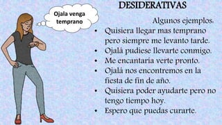 DESIDERATIVAS
Ojala venga
temprano Algunos ejemplos:
• Quisiera llegar mas temprano
pero siempre me levanto tarde.
• Ojalá pudiese llevarte conmigo.
• Me encantaría verte pronto.
• Ojalá nos encontremos en la
fiesta de fin de año.
• Quisiera poder ayudarte pero no
tengo tiempo hoy.
• Espero que puedas curarte.
 