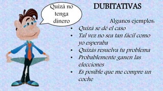 DUBITATIVASQuizá no
tenga
dinero Algunos ejemplos:
• Quizá se dé el caso
• Tal vez no sea tan fácil como
yo esperaba
• Quizás resuelva tu problema
• Probablemente ganen las
elecciones
• Es posible que me compre un
coche
 