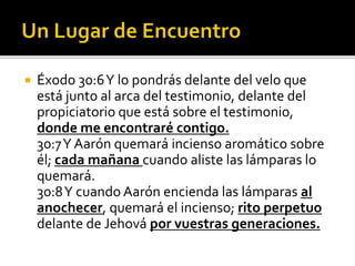  Éxodo 30:6 Y lo pondrás delante del velo que 
está junto al arca del testimonio, delante del 
propiciatorio que está sobre el testimonio, 
donde me encontraré contigo. 
30:7 Y Aarón quemará incienso aromático sobre 
él; cada mañana cuando aliste las lámparas lo 
quemará. 
30:8 Y cuando Aarón encienda las lámparas al 
anochecer, quemará el incienso; rito perpetuo 
delante de Jehová por vuestras generaciones. 
 