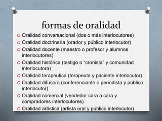 formas de oralidad 
O Oralidad conversacional (dos o más interlocutores) 
O Oralidad doctrinaria (orador y público interlocutor) 
O Oralidad docente (maestro o profesor y alumnos 
interlocutores) 
O Oralidad histórica (testigo o “cronista” y comunidad 
interlocutora) 
O Oralidad terapéutica (terapeuta y paciente interlocutor) 
O Oralidad difusora (conferenciante o periodista y público 
interlocutor) 
O Oralidad comercial (vendedor cara a cara y 
compradores interlocutores) 
O Oralidad artística (artista oral y público interlocutor) 
 
