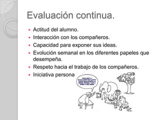 Evaluación continua.







Actitud del alumno.
Interacción con los compañeros.
Capacidad para exponer sus ideas.
Evolución semanal en los diferentes papeles que
desempeña.
Respeto hacia el trabajo de los compañeros.
Iniciativa personal.

 