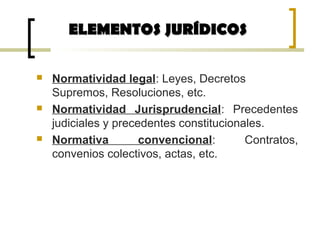  Normatividad legal: Leyes, Decretos
Supremos, Resoluciones, etc.
 Normatividad Jurisprudencial: Precedentes
judiciales y precedentes constitucionales.
 Normativa convencional: Contratos,
convenios colectivos, actas, etc.
ELEMENTOS JURÍDICOSELEMENTOS JURÍDICOS
 