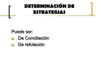 DETERMINACIÓN DEDETERMINACIÓN DE
ESTRATEGIASESTRATEGIAS
Puede ser:Puede ser:
a)a) De ConciliaciónDe Conciliación
b)b) De refutaciónDe refutación
 