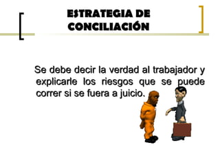 ESTRATEGIA DEESTRATEGIA DE
CONCILIACIÓNCONCILIACIÓN
Se debe decir la verdad al trabajador ySe debe decir la verdad al trabajador y
explicarle los riesgos que se puedeexplicarle los riesgos que se puede
correr si se fuera a juicio.correr si se fuera a juicio.
 