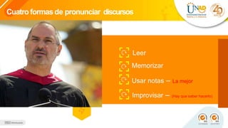 Cuatro formas de pronunciar discursos
Leer
Memorizar
Usar notas – La mejor
Improvisar – (Hay que saber hacerlo)
 