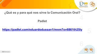 4
5
6
¿Qué es y para qué nos sirve la Comunicación Oral?
Padlet
https://padlet.com/eduardodussan1/mnm7ov6861th25ly
 