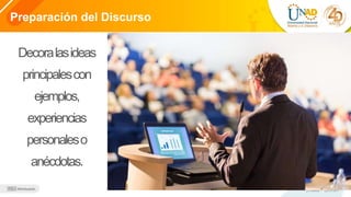 Preparación del Discurso
Decoralasideas
principalescon
ejemplos,
experiencias
personaleso
anécdotas.
 
