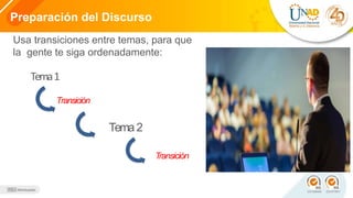 Preparación del Discurso
esque nolo entiendesbien
Tema1
Transición
Tema2
Transición
Usa transiciones entre temas, para que
la gente te siga ordenadamente:
 