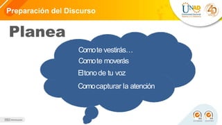 Preparación del Discurso
esque nolo entiendesbien
Planea
Comote vestirás…
Comote moverás
Eltonode tu voz
Comocapturar la atención
 