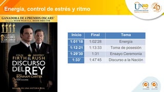 Energía, control de estrés y ritmo
Inicio Final Tema
1:01’18 1:02’28 Energía
1:12:21 1:13:33 Toma de posesión
1:29’30 1:31 Ensayo Ceremonia
1:33’ 1:47’45 Discurso a la Nación
 